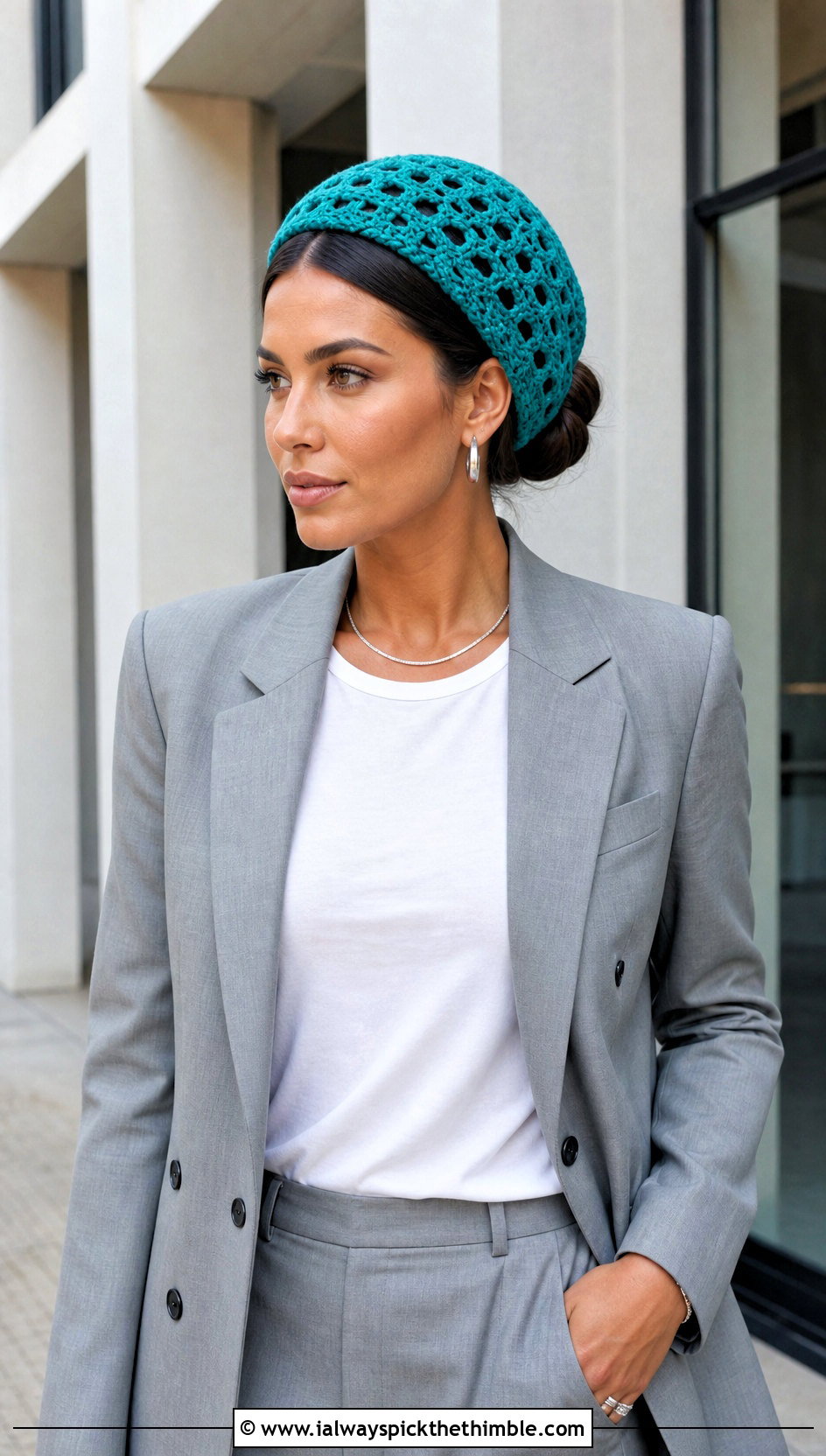Lattice Stitch Bun Hat With Blazer And Trousers - 15 bun crochet hat outfit ideas