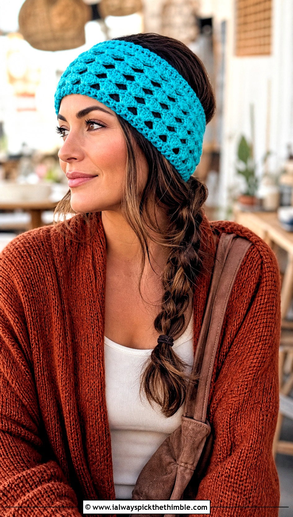 Lattice Stitch Crochet Ear Warmer With Long Cardigan - 15 Quick And Easy Crochet Ear Warmers outfit ideas