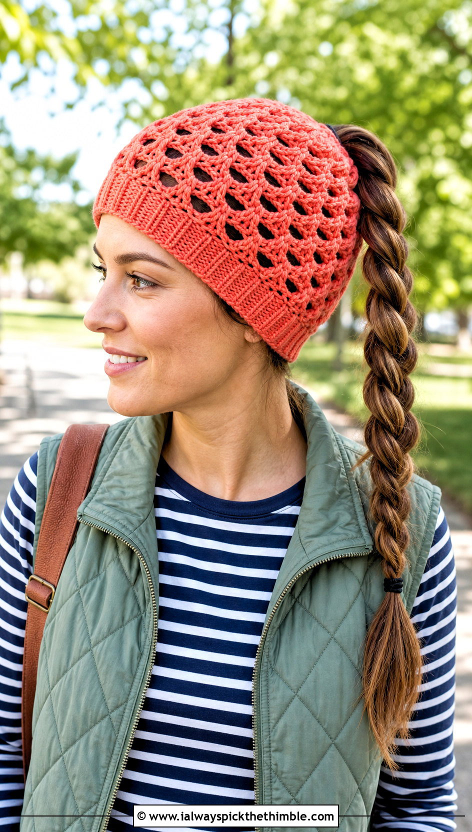 Lattice Stitch Crochet Ponytail Beanie With Quilted Vest - 20 Crochet Ponytail Beanie outfit ideas
