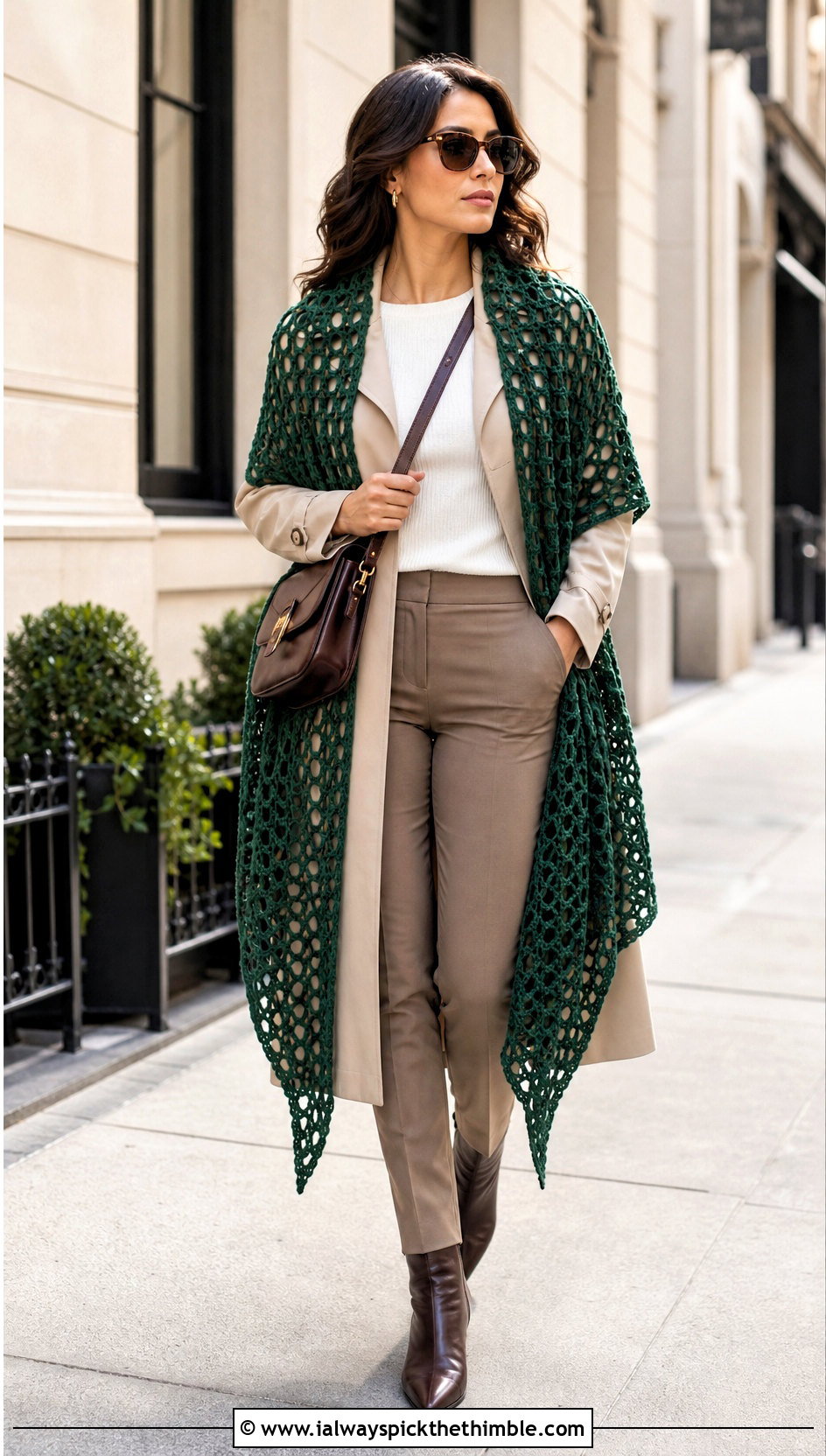 Lattice Stitch Katniss Shawl With Trench Coat - 20 Crochet Katniss Shawl outfit ideas