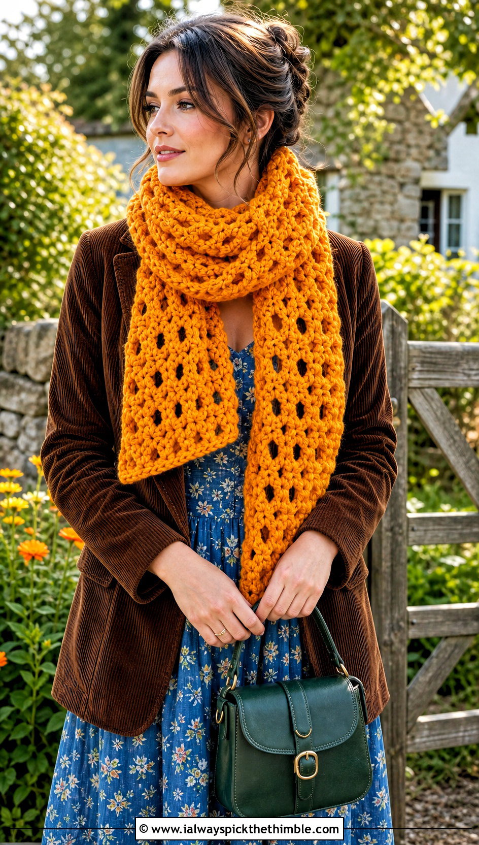Lattice Super Chunky Crochet Scarf With Cottage Dress - 20 Super Chunky Crochet Scarf outfit ideas