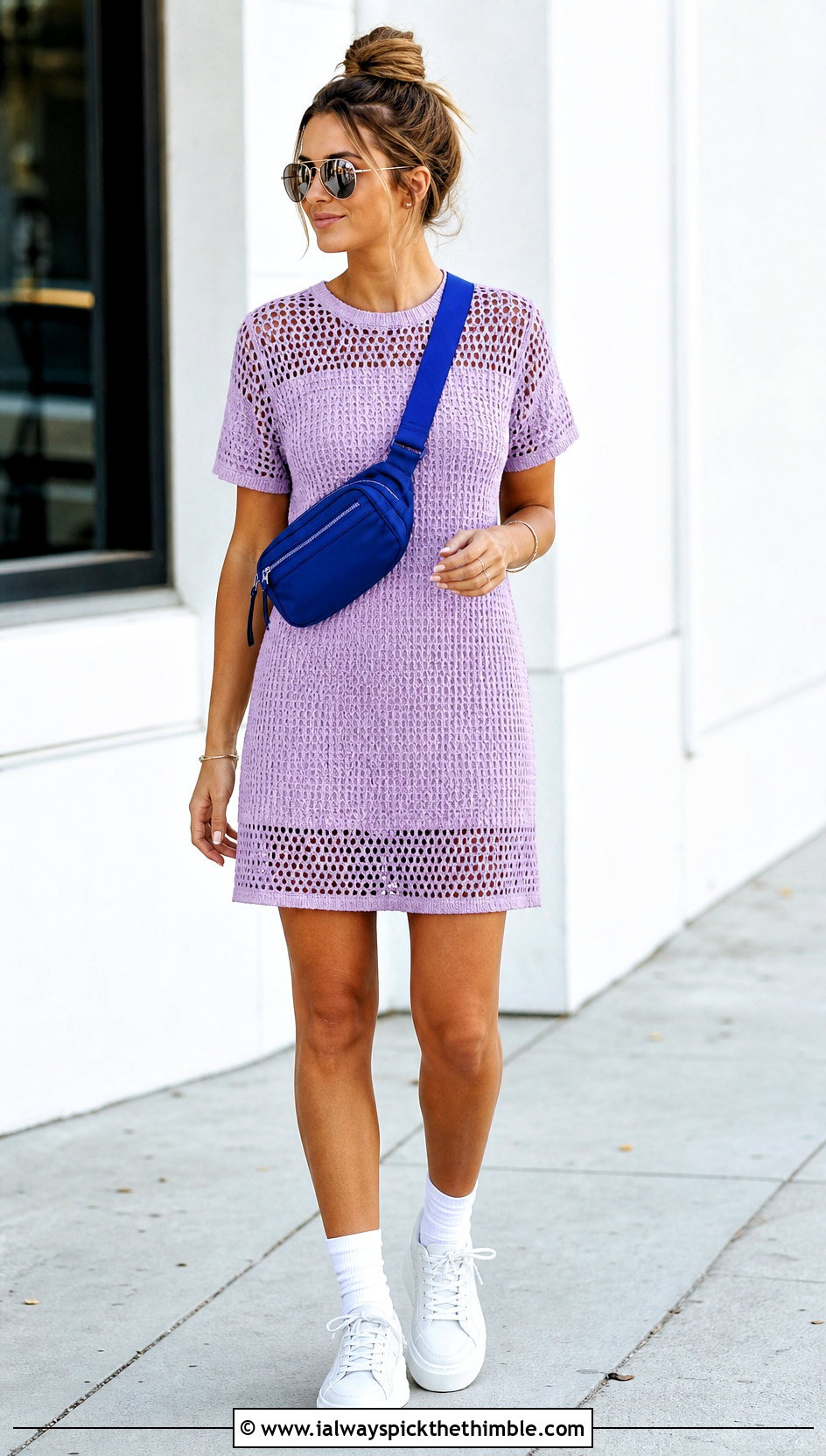 Lavender Crochet T Shirt Dress With White Sneakers - 25 purple crochet dress outfit ideas