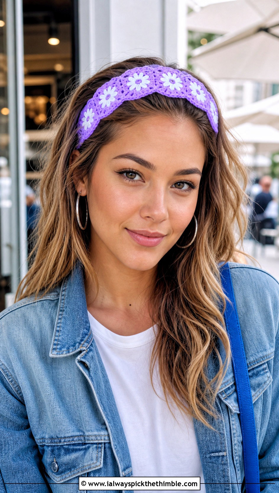 Lavender Daisy Chain Headband With White T Shirt And Jeans - 15 lavender crochet flower headband outfit ideas