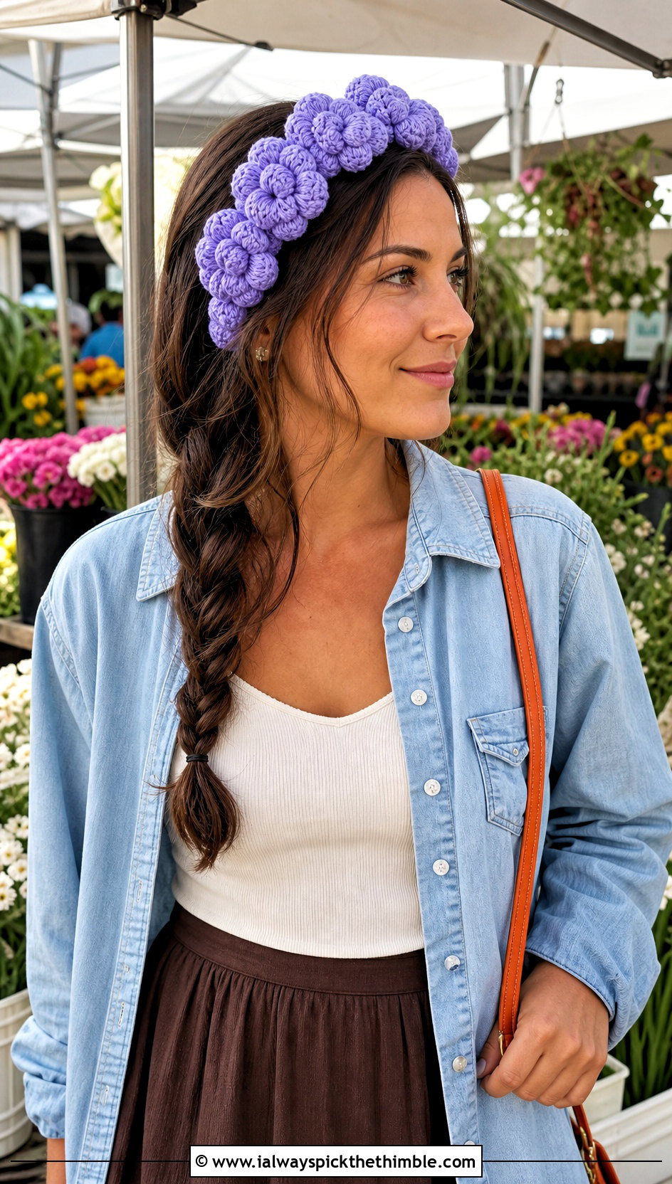 Lavender Puff Flower Headband With Denim Shirt And Maxi Skirt - 15 lavender crochet flower headband outfit ideas