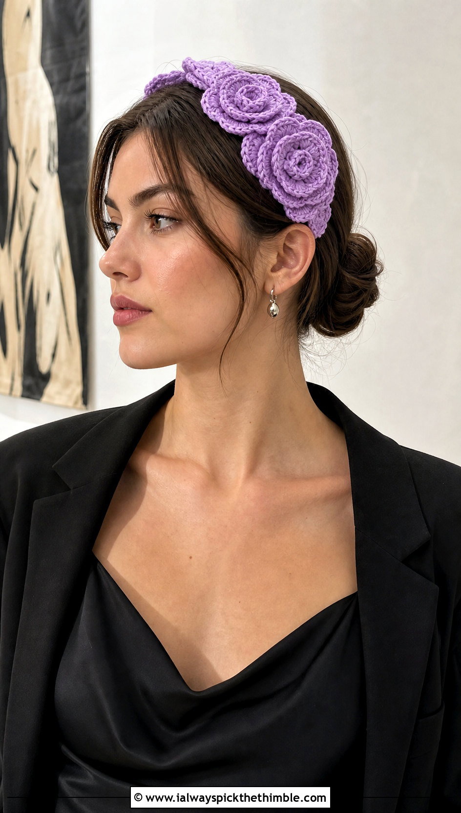 Lavender Rose Cluster Headband With Black Slip Dress - 15 lavender crochet flower headband outfit ideas