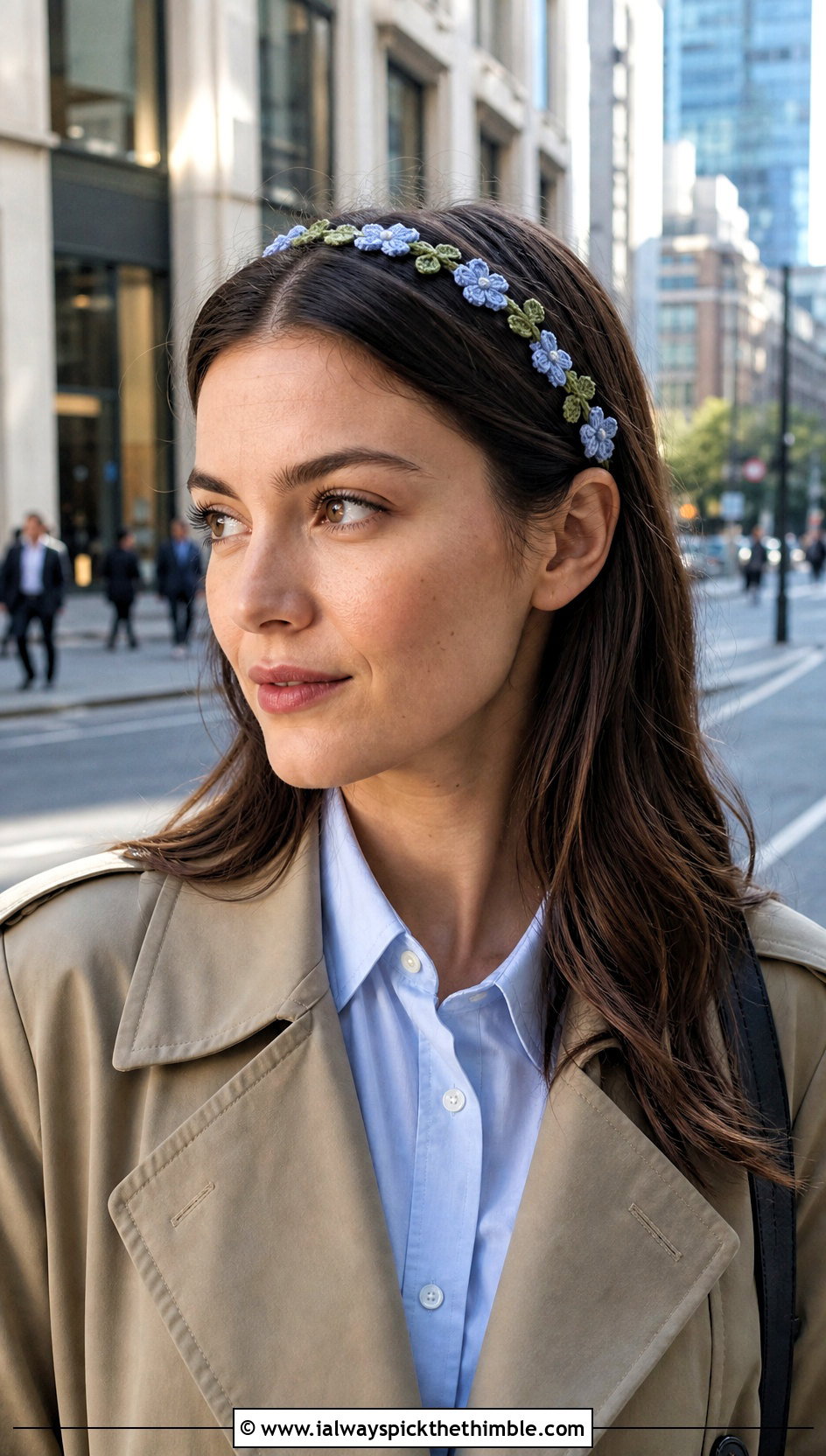 Lavender Wildflower Vine Headband With Trench Coat And Trousers - 15 lavender crochet flower headband outfit ideas