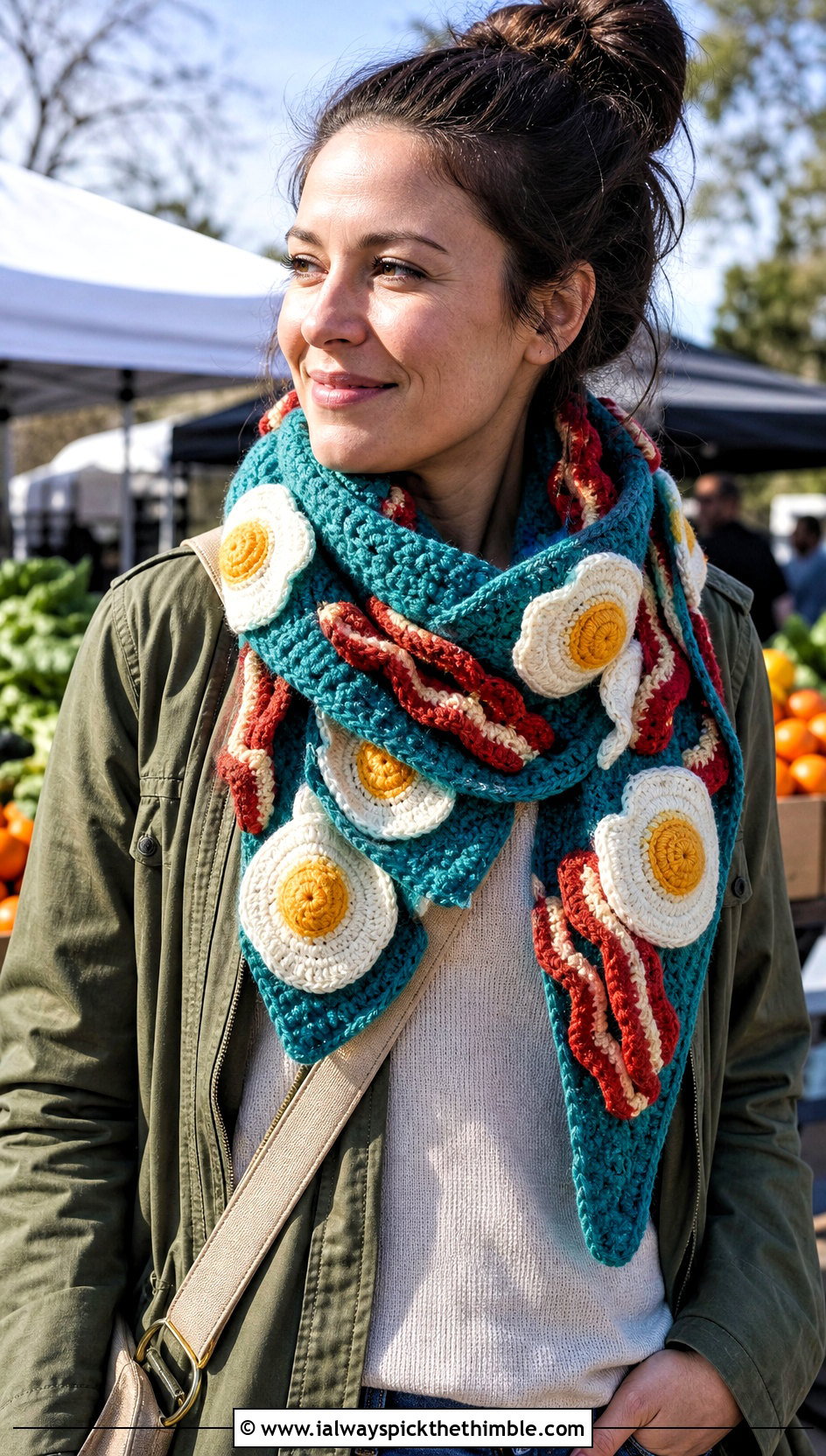 Layered Bacon And Eggs Scarf With Utility Jacket - 20 Crochet Bacon And Eggs Scarf outfit ideas