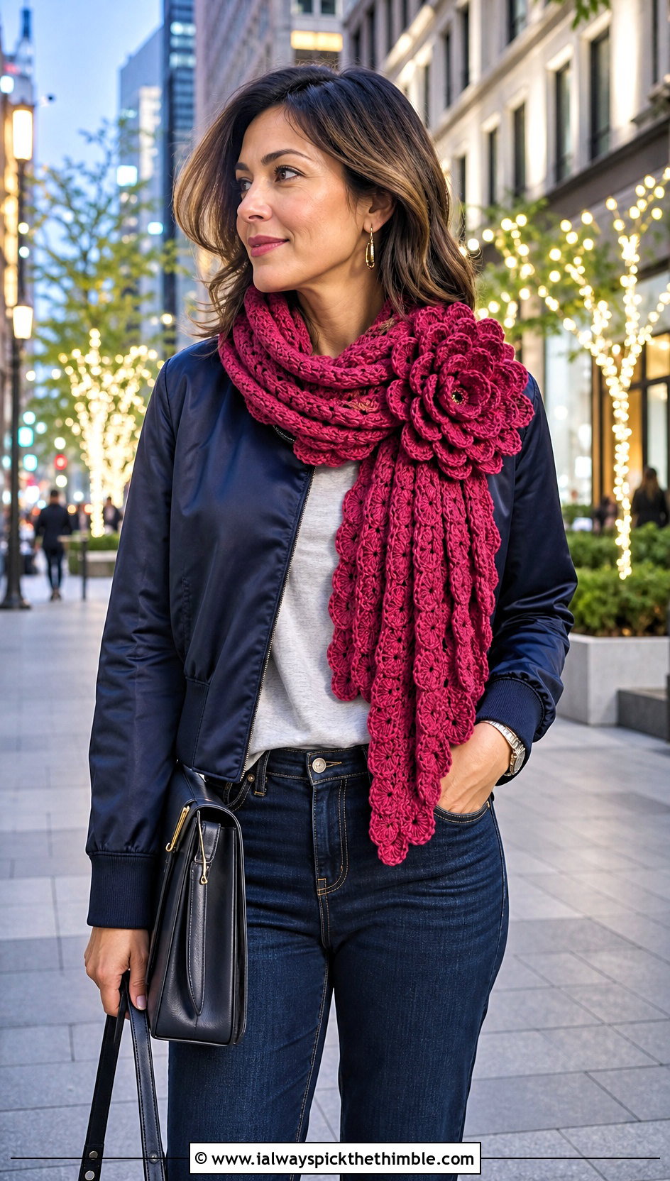 Layered Chrysanthemum Crochet Scarf With Bomber Jacket - 25 crochet flower scarf outfit ideas