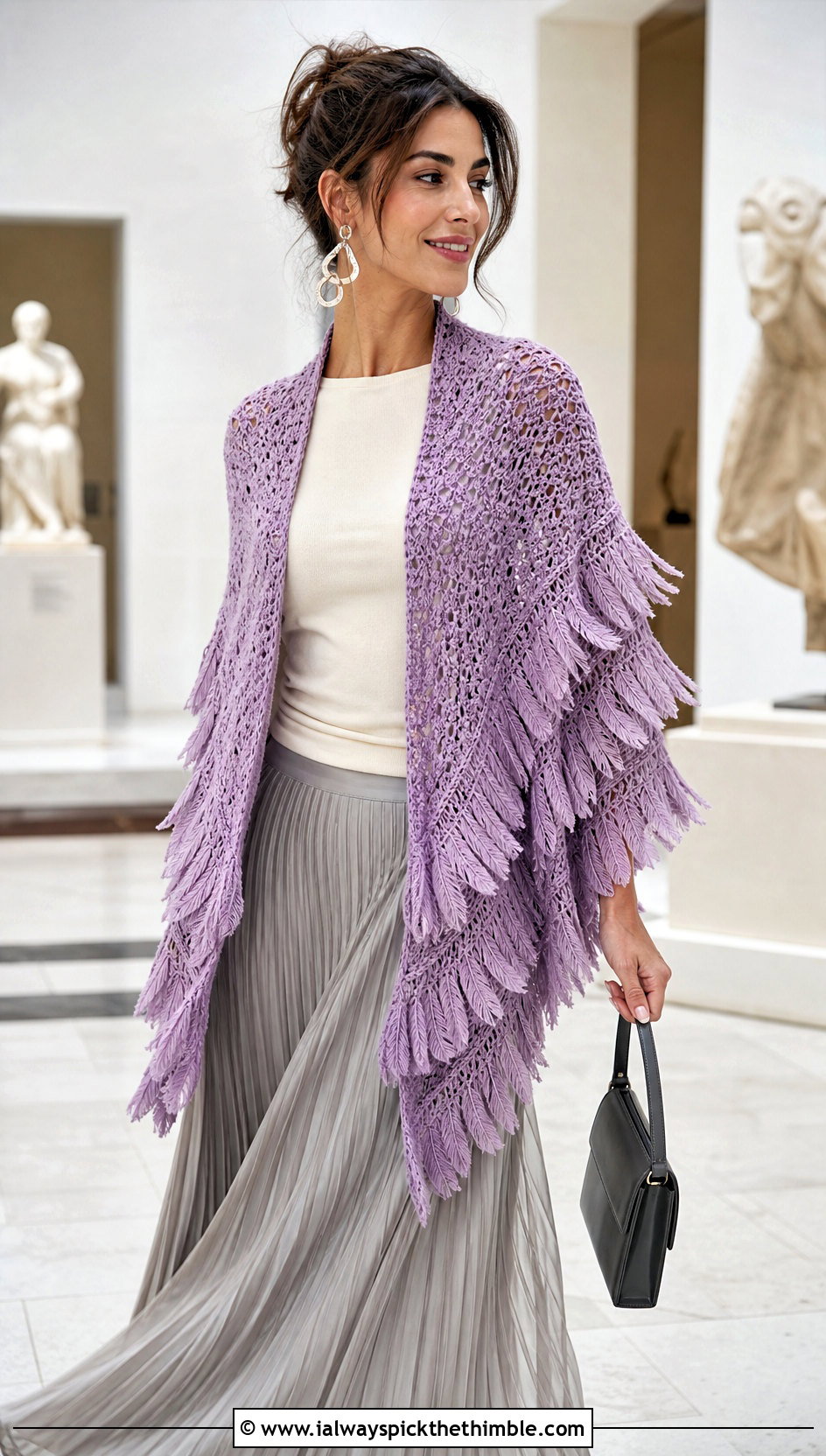 Layered Feather Crochet Shawl With Pleated Maxi Skirt - 20 crochet feather shawl outfit ideas