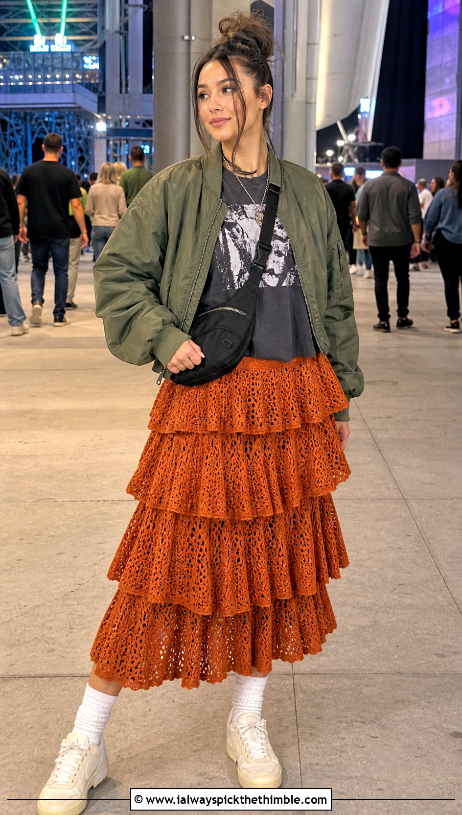 Layered Flounce Crochet Skirt With Graphic T Shirt - 25 crochet ruffle skirt outfit ideas