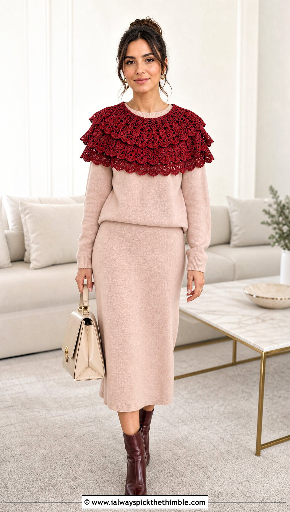 Layered Lace Crochet Collar With Matching Knit Set - 20 Lace Crochet Collar outfit ideas