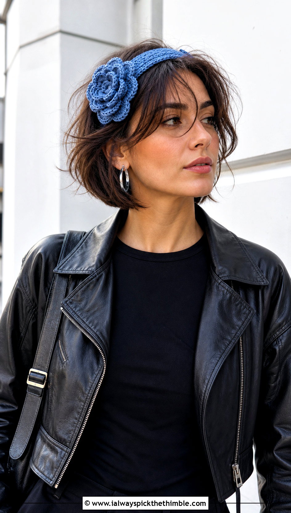 Layered Petal Crochet Flower Headband With Leather Jacket - 25 crochet flower headband outfit ideas