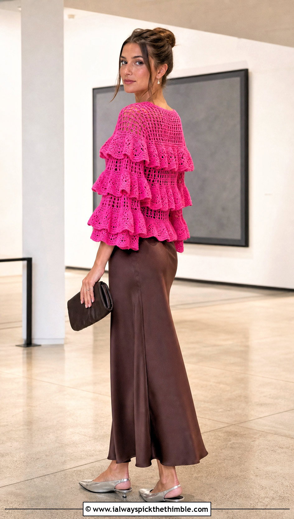 Layered Ruffle Crochet Top With Satin Slip Skirt - 20 crochet ruffle sleeve top outfit ideas