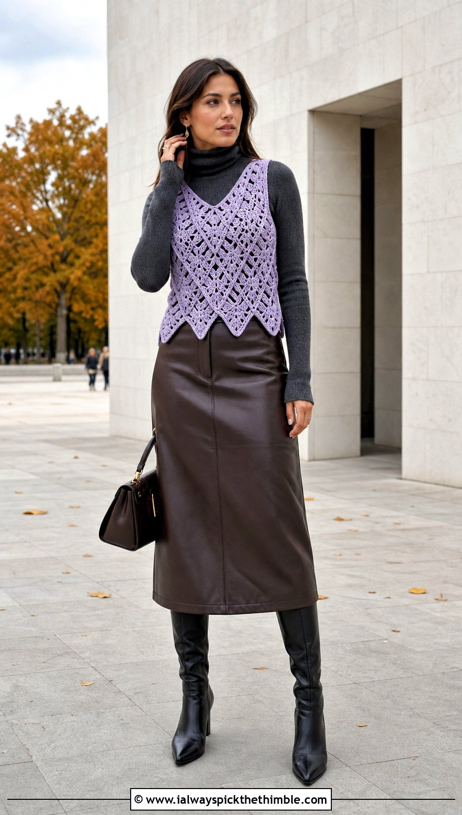 Layered Triangle Crochet Top With Turtleneck And Leather Skirt - 25 crochet triangle top outfit ideas
