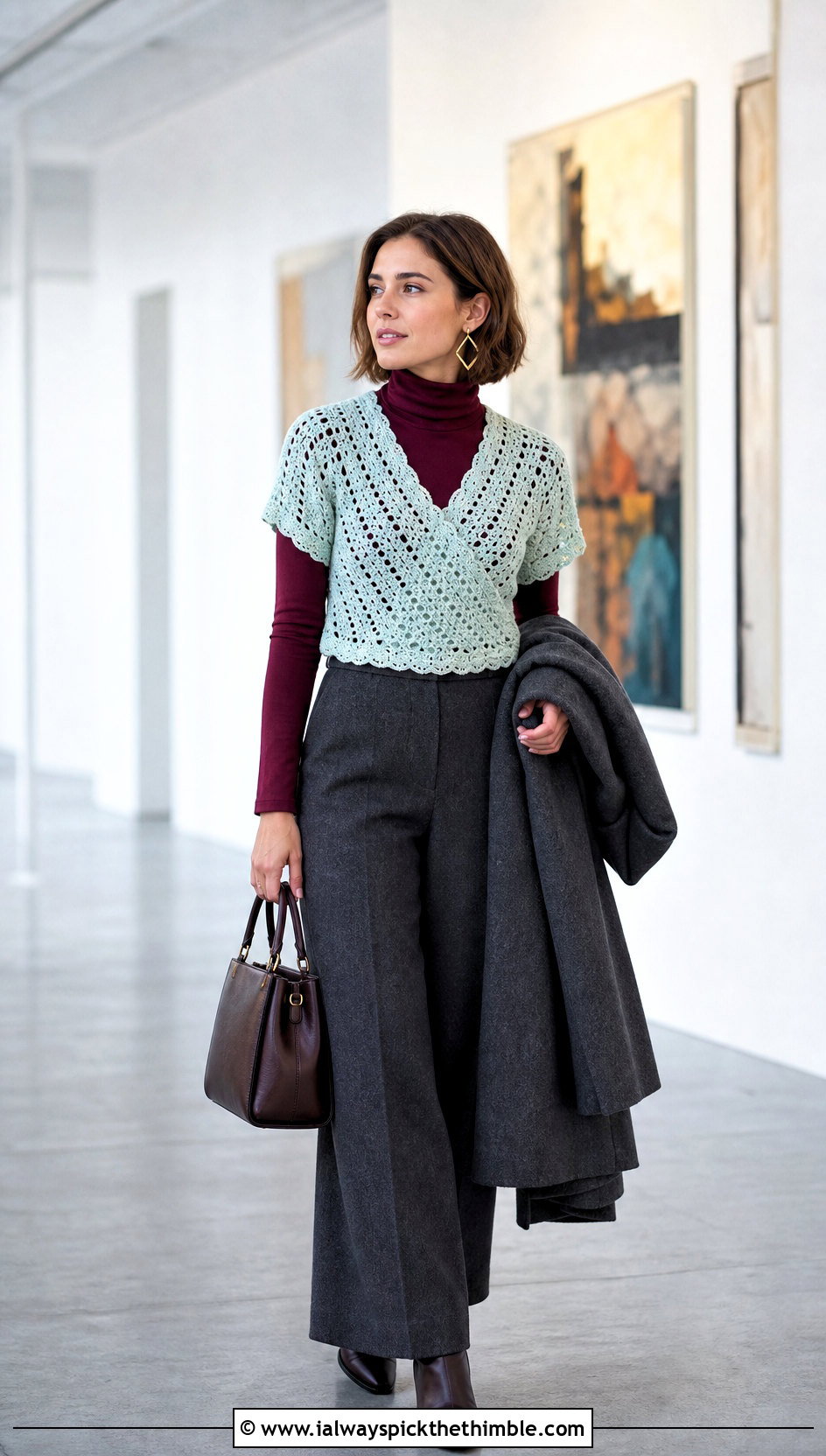 Layered Vera Top With Turtleneck And Wool Pants - 25 crochet vera top outfit ideas