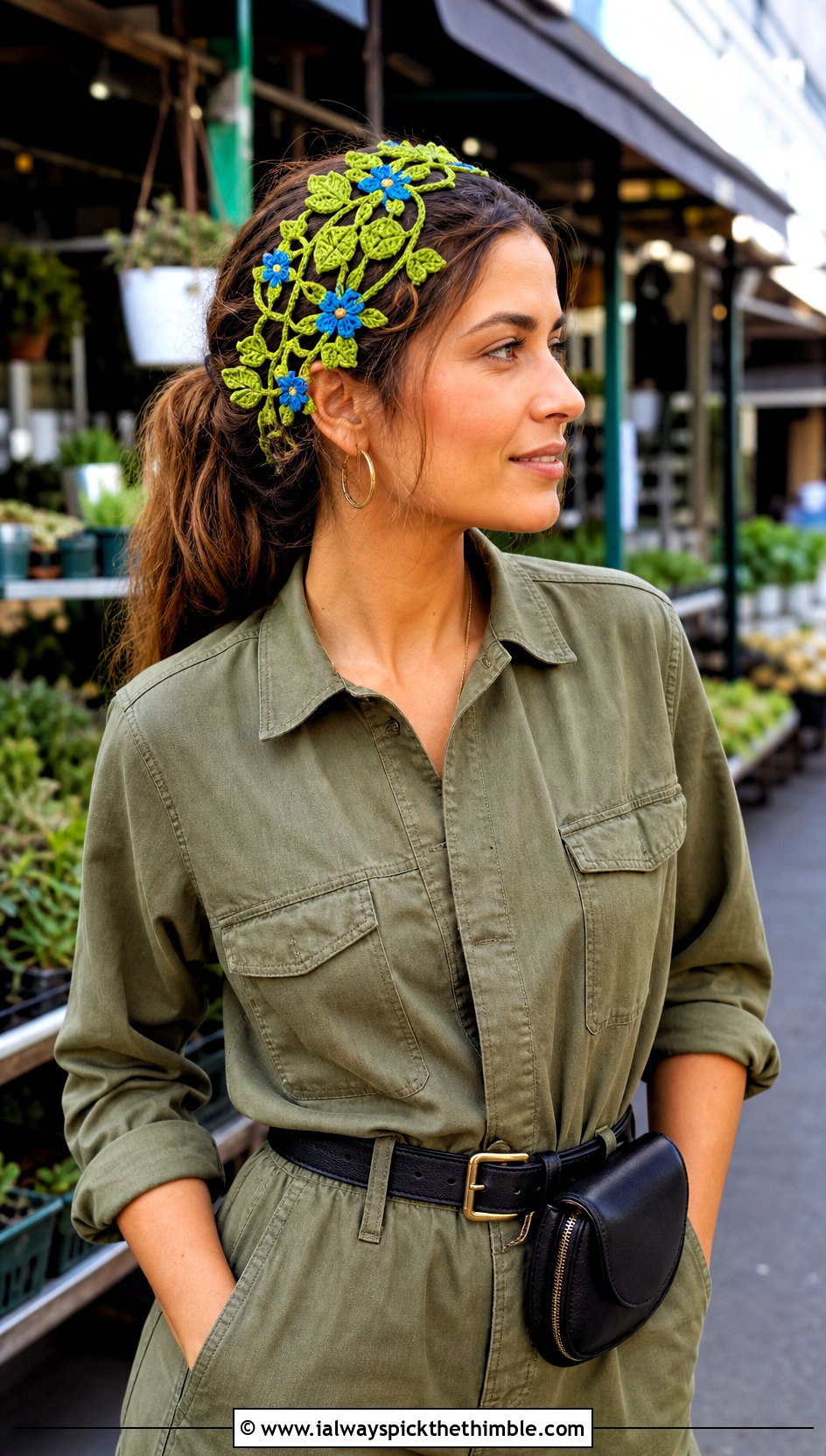 Leaf And Flower Vine Headband With Utility Jumpsuit - 15 crochet headband with flower design outfit ideas