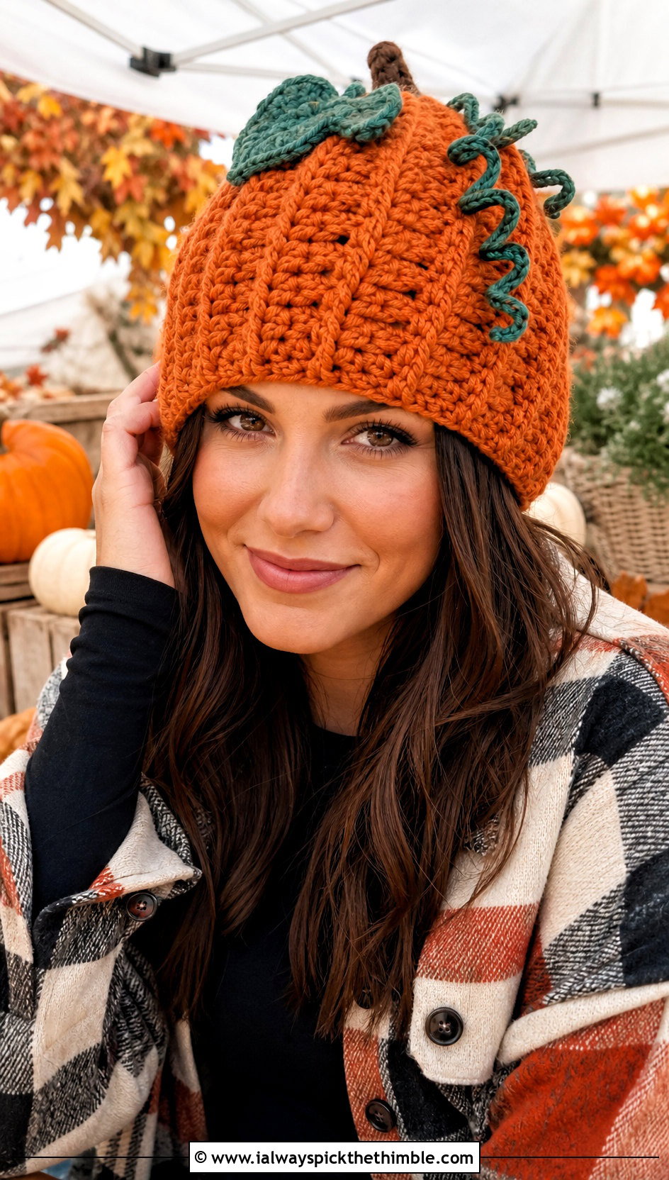 Leaf And Vine Crochet Pumpkin Beanie With Plaid Shacket - 20 crochet pumpkin beanie outfit ideas