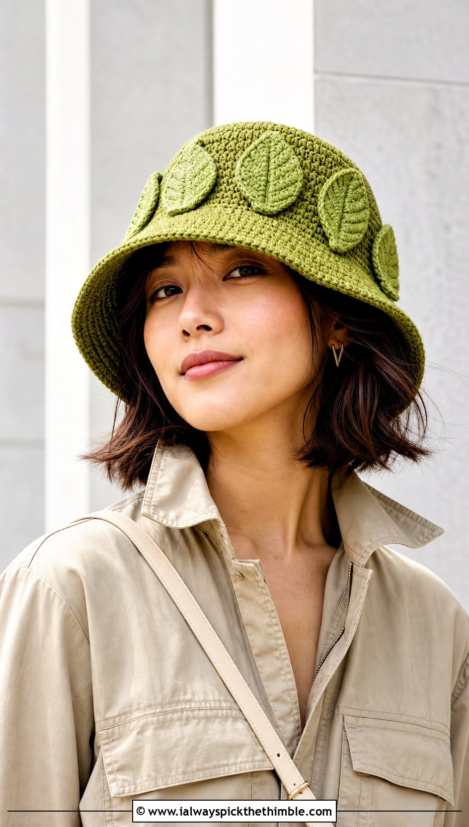 Leaf Applique Bucket Hat With Utility Jumpsuit - 20 Crochet Leaf Hat outfit ideas