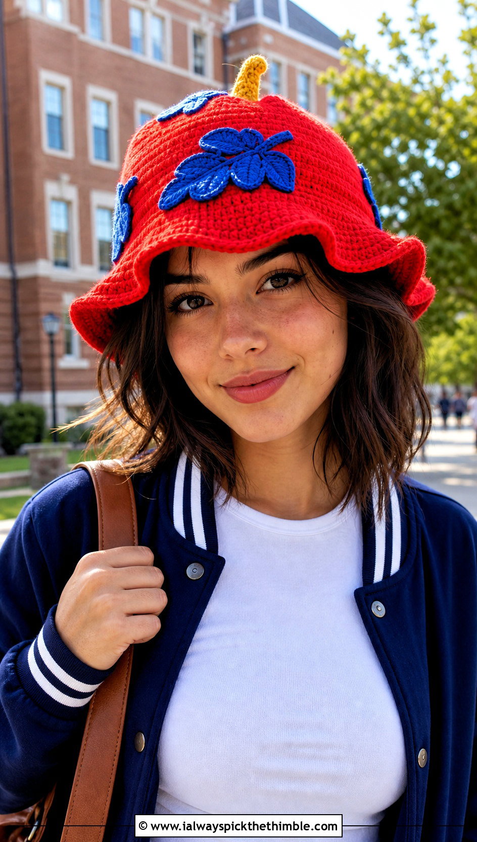 Leaf Applique Pumpkin Bucket Hat With Varsity Jacket - 20 crochet pumpkin bucket hat outfit ideas