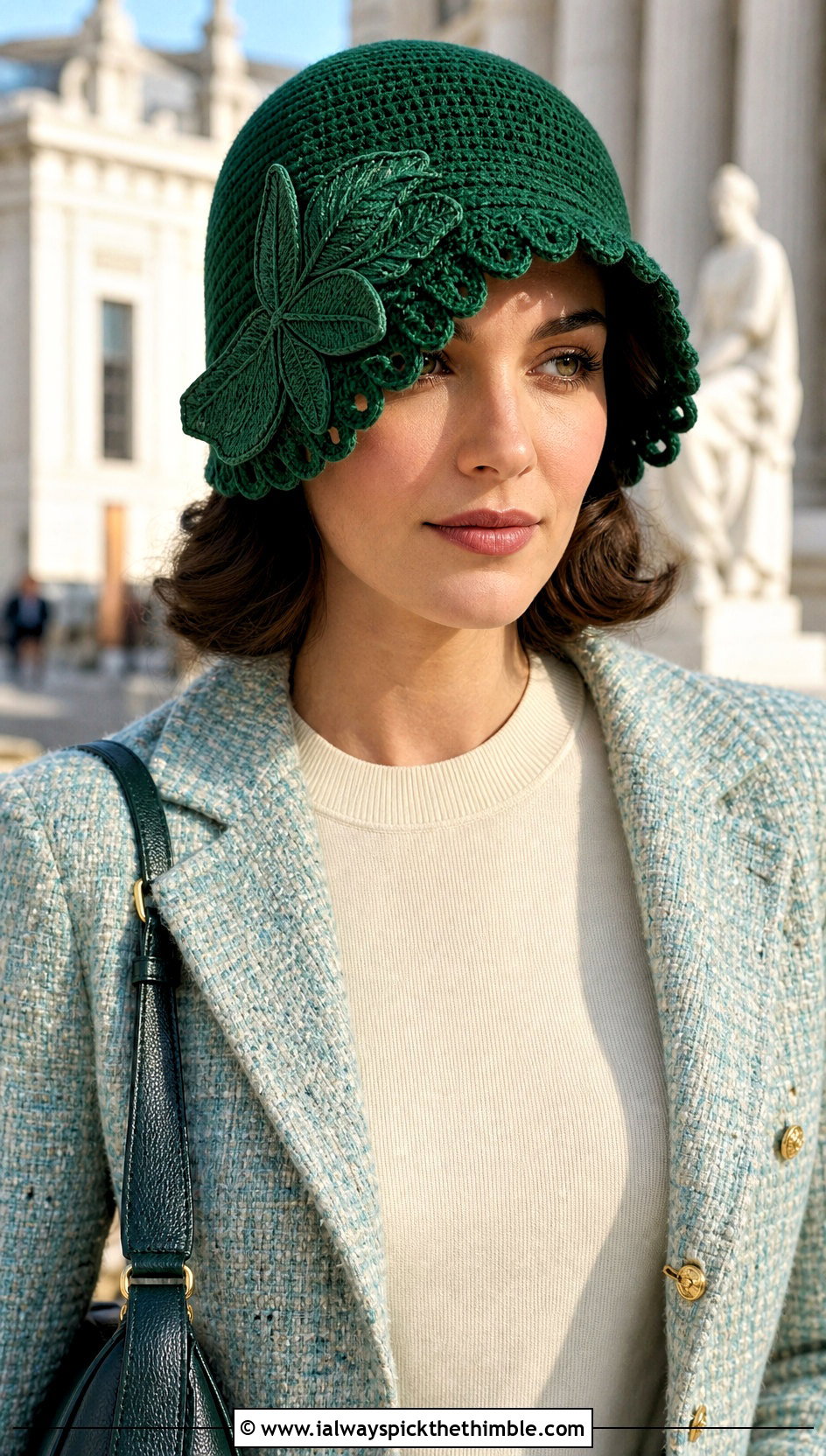 Leaf Brim Cloche With Tweed Jacket - 20 Crochet Leaf Hat outfit ideas