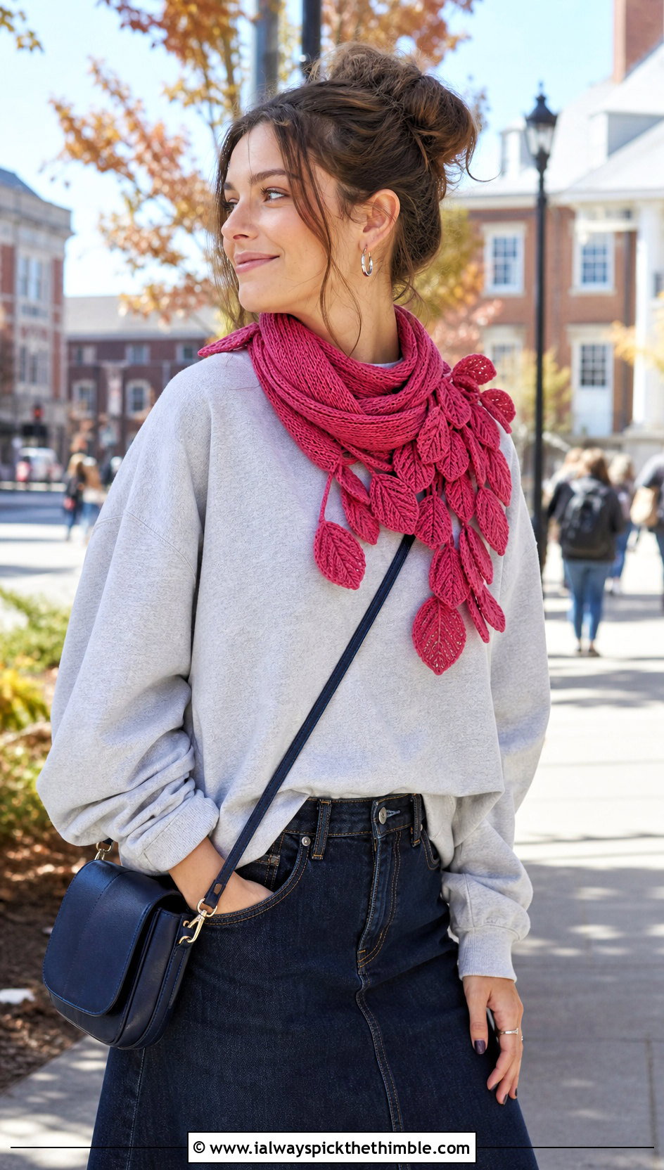 Leaf Fringe Scarf With Sweatshirt And Denim Skirt - 20 crochet leaf scarf outfit ideas