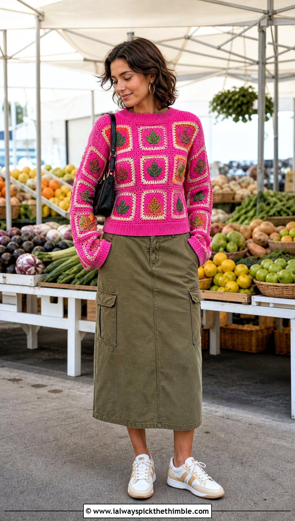 Leaf Granny Square Sweater With Cargo Skirt - 20 crochet leaf sweater outfit ideas