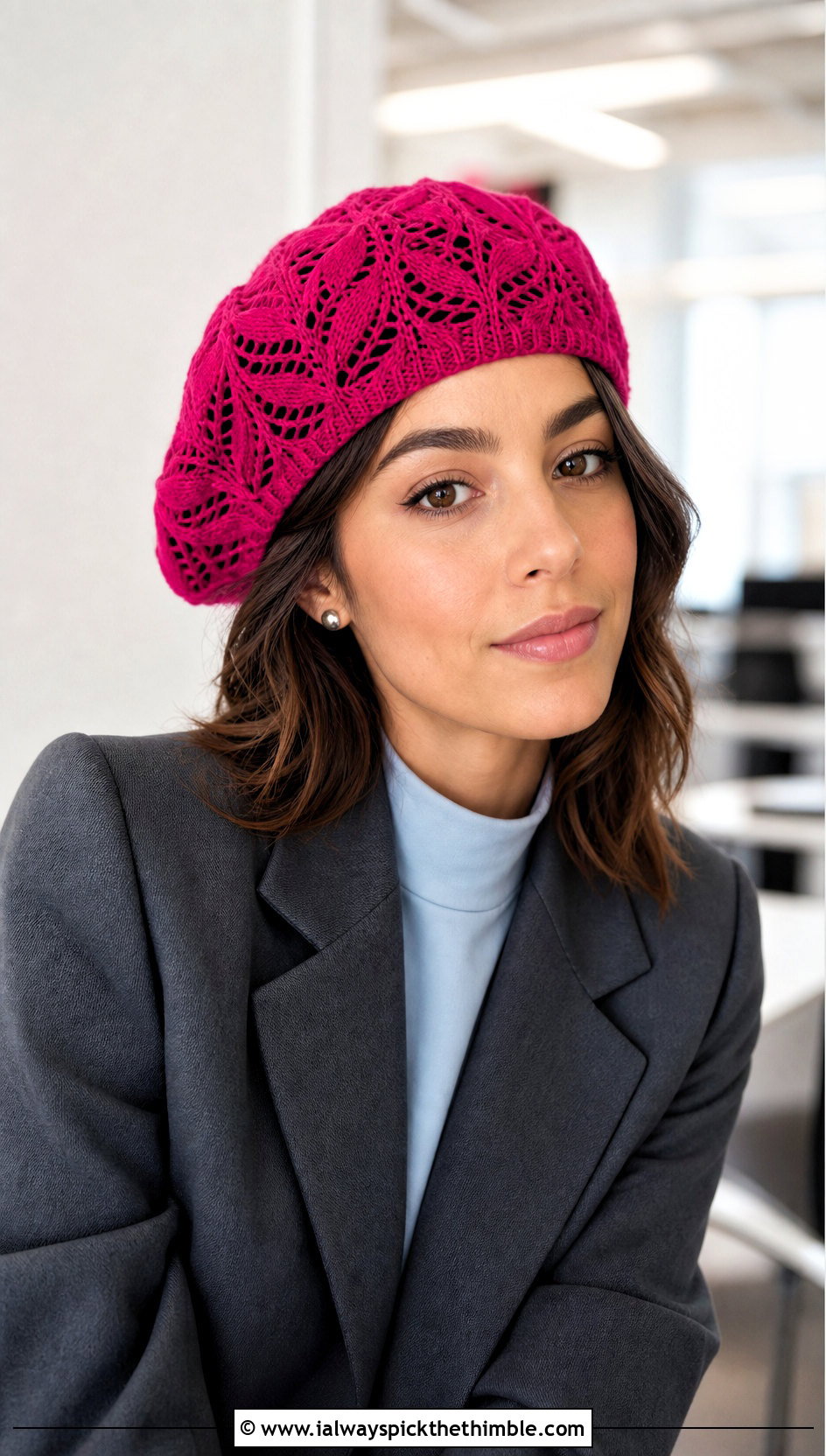 Leaf Lace Beret With Tailored Suit - 20 Crochet Leaf Hat outfit ideas