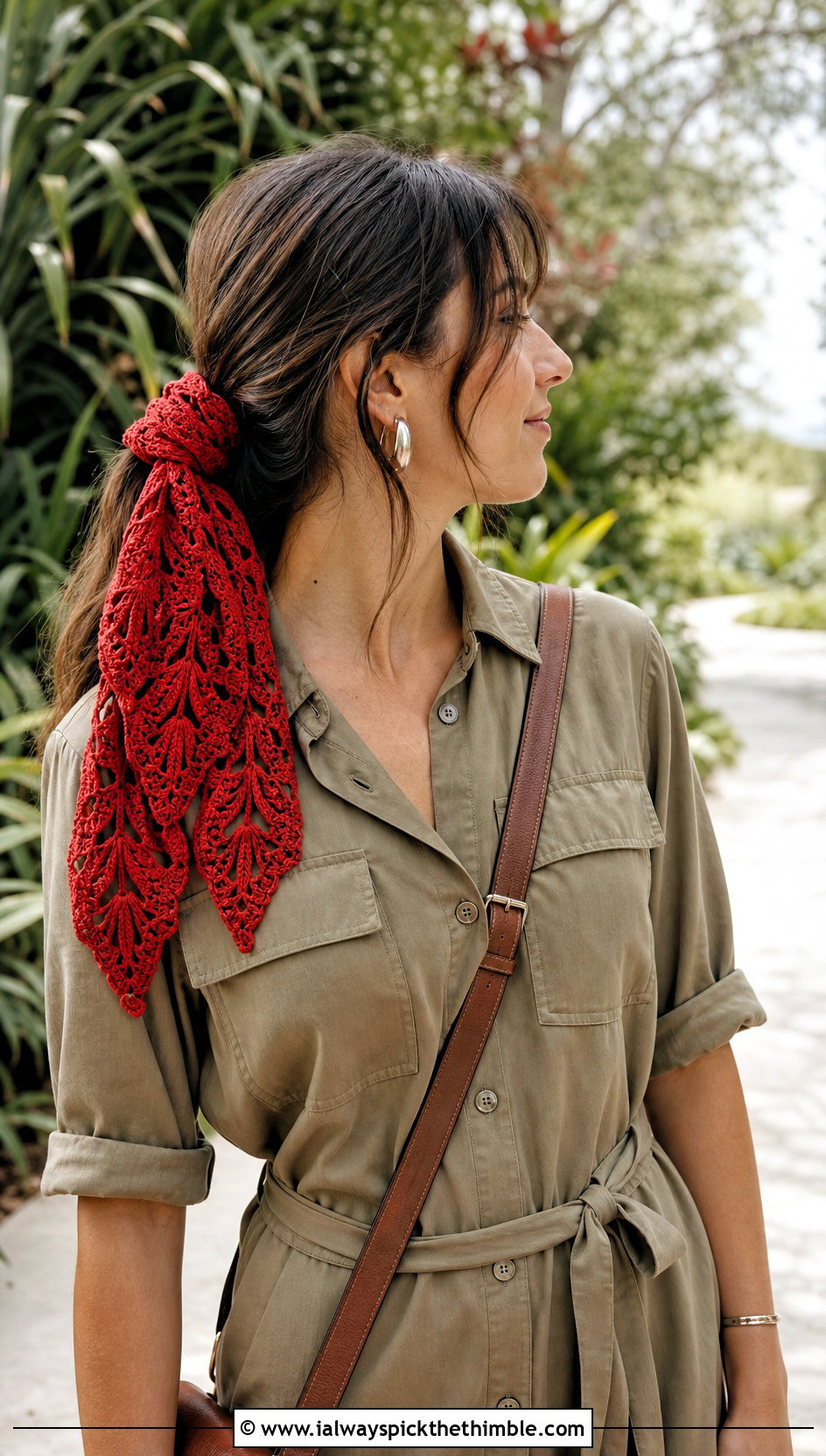 Leaf Motif Crochet Hair Scarf With Safari Shirt Dress - 25 crochet hair scarf outfit ideas