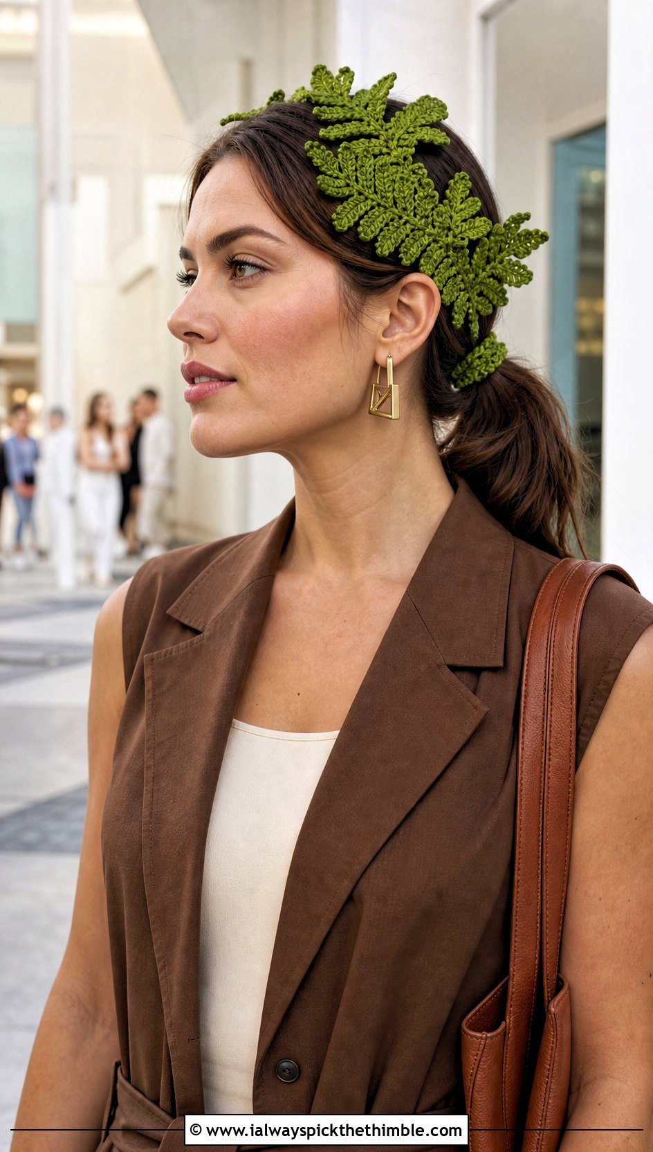Leaf Motif Crochet Headband With Hair Tie And Trench Vest - 25 crochet headband with hair tie outfit ideas
