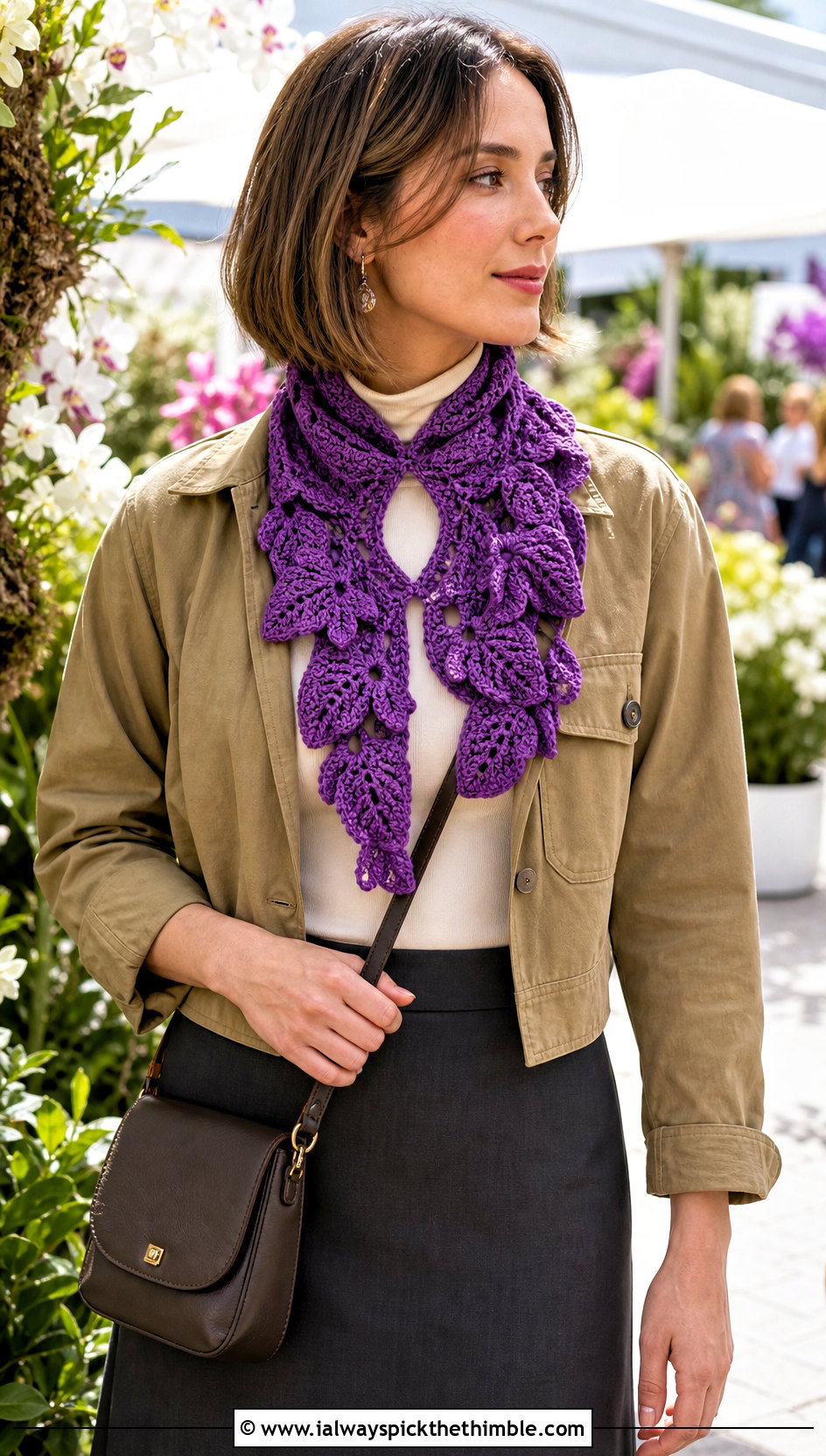 Leaf Motif Crochet Keyhole Scarf With Field Jacket - 25 crochet keyhole scarf outfit ideas