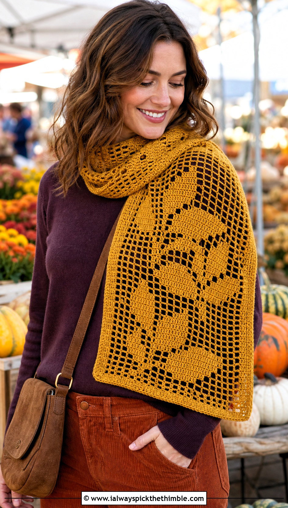 Leaf Motif Filet Crochet Scarf With Corduroy Pants - 25 filet crochet scarf outfit ideas