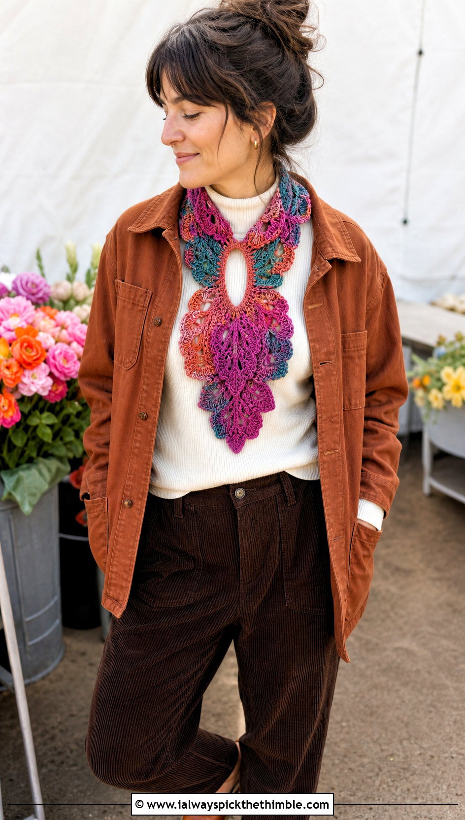 Leaf Motif Keyhole Crochet Scarf With Corduroy Pants - 15 Key Hole Crochet Scarf outfit ideas