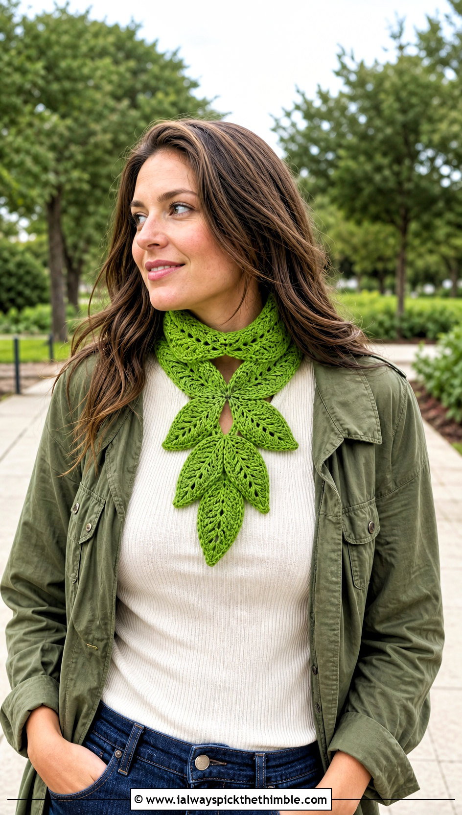 Leaf Motif Keyhole Crochet Scarf With Utility Jacket - 20 Keyhole Crochet Scarf outfit ideas