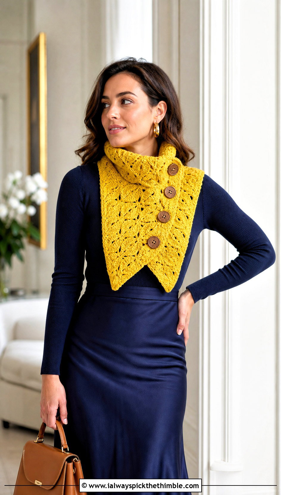 Leaf Stitch Button Crochet Cowl With Midi Skirt - 15 Crochet Cowl With Buttons outfit ideas