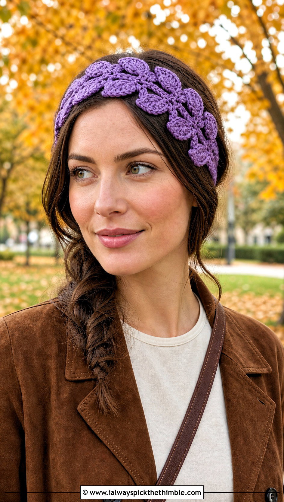 Leaf Stitch Crochet Headband With Suede Jacket And Midi Dress - 25 crochet headbands for women outfit ideas
