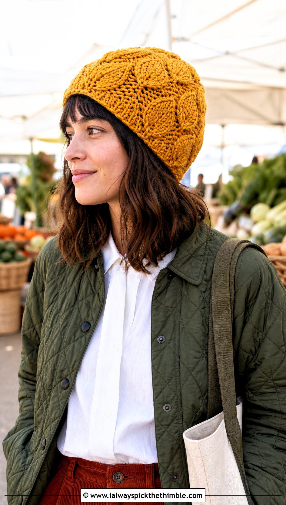 Leaf Texture Crochet Beanie With Quilted Jacket And Corduroy Pants - 20 Crochet Beanie That Looks Like Knit outfit ideas