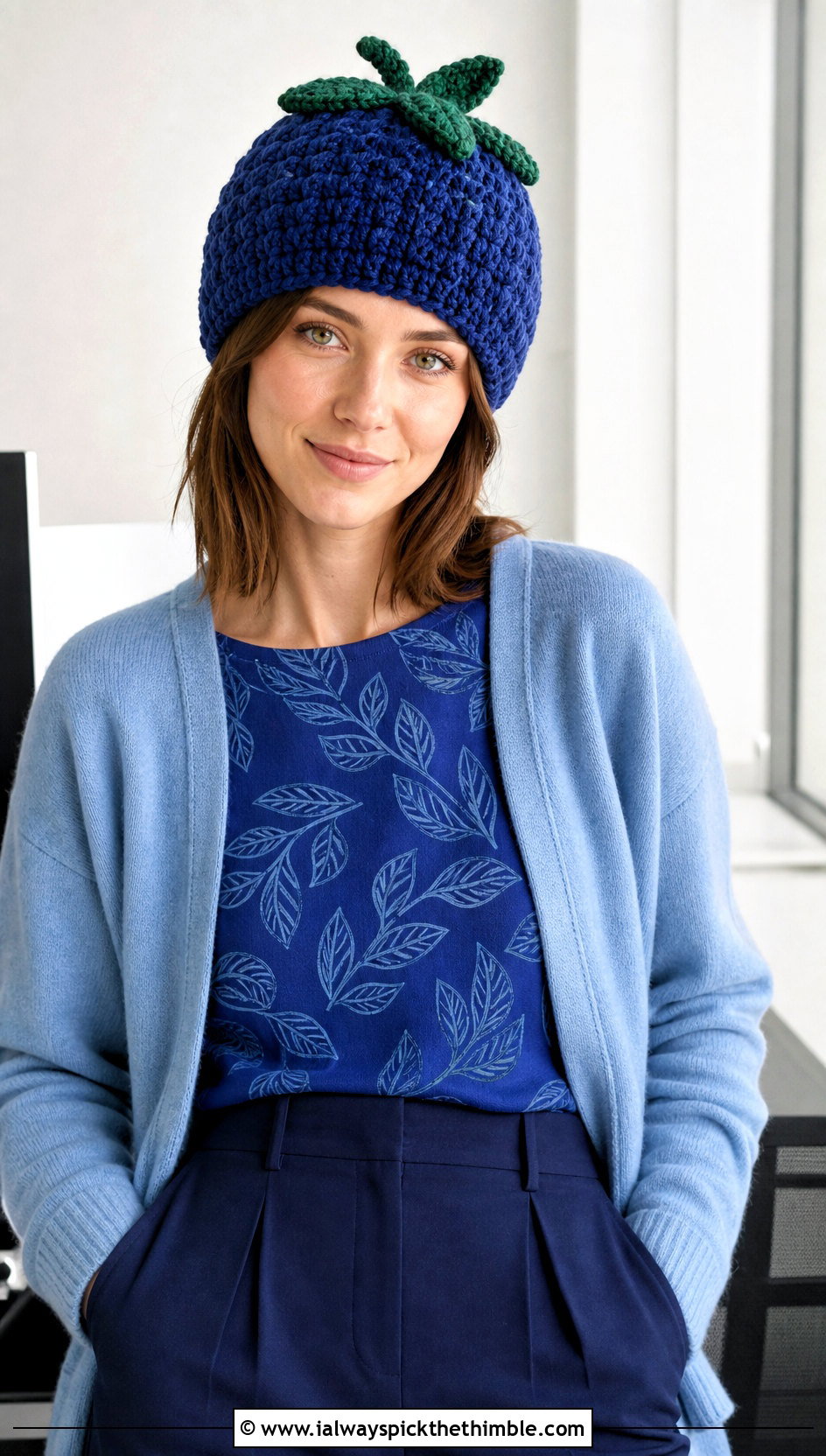 Leaf Top Blueberry Crochet Beanie With Sweater And Blue Trousers - 25 blueberry crochet hat outfit ideas