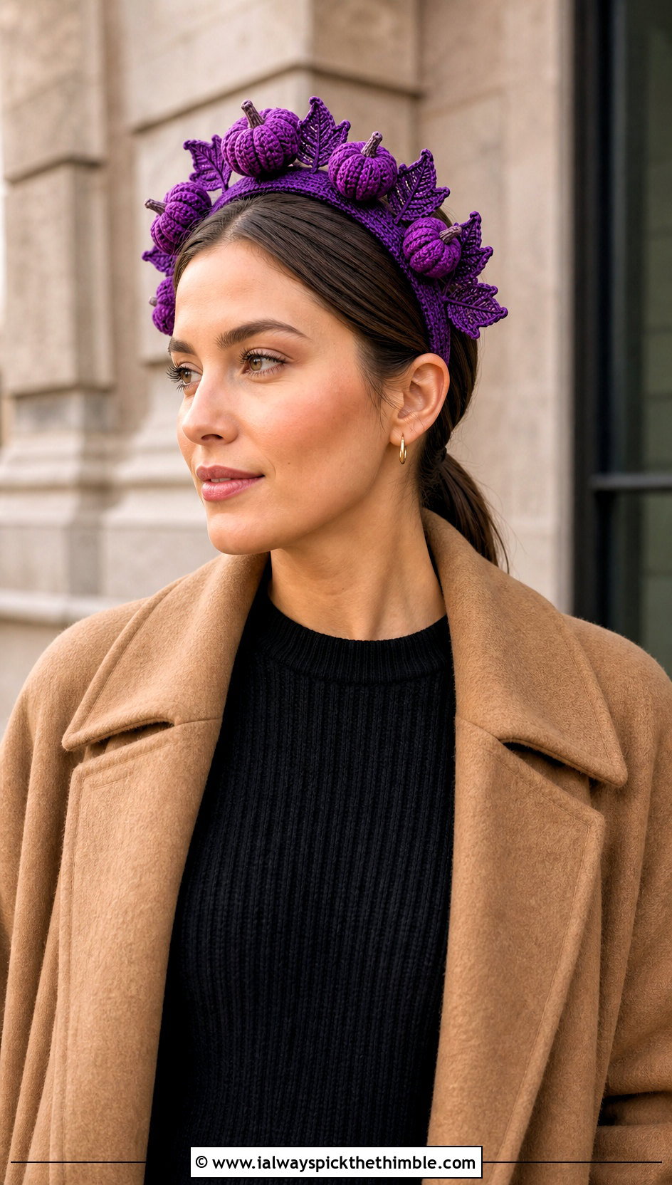 Leaf Trim Pumpkin Headband With Wrap Coat - 25 crochet pumpkin headband outfit ideas