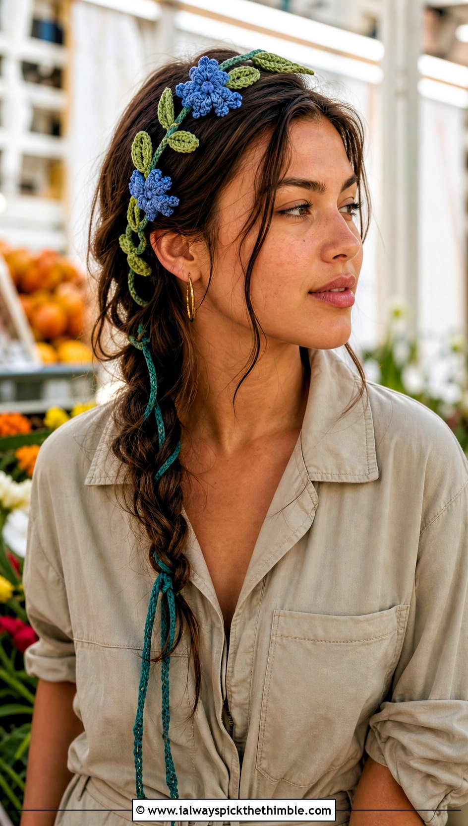 Leaf Vine Flower Ribbon Crochet Headband With Utility Jumpsuit - 15 crochet headband with flower and ribbon outfit ideas