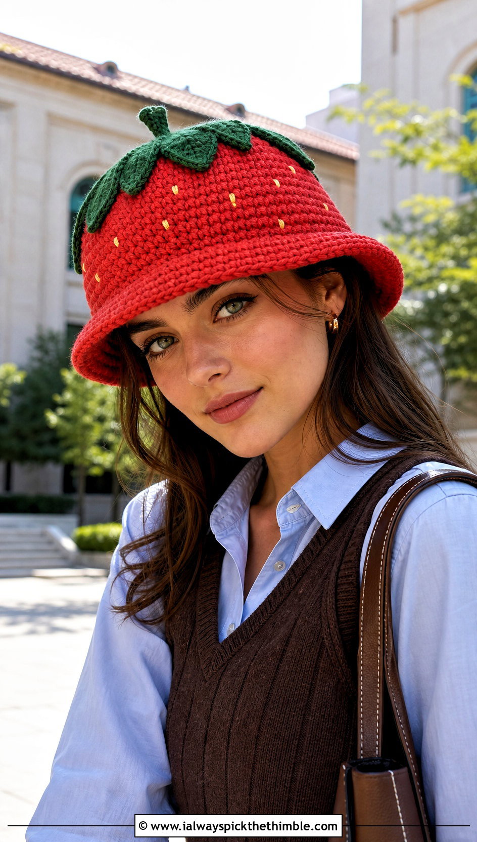 Leafy Crown Strawberry Crochet Bucket Hat With Knit Vest - 15 strawberry crochet bucket hat outfit ideas