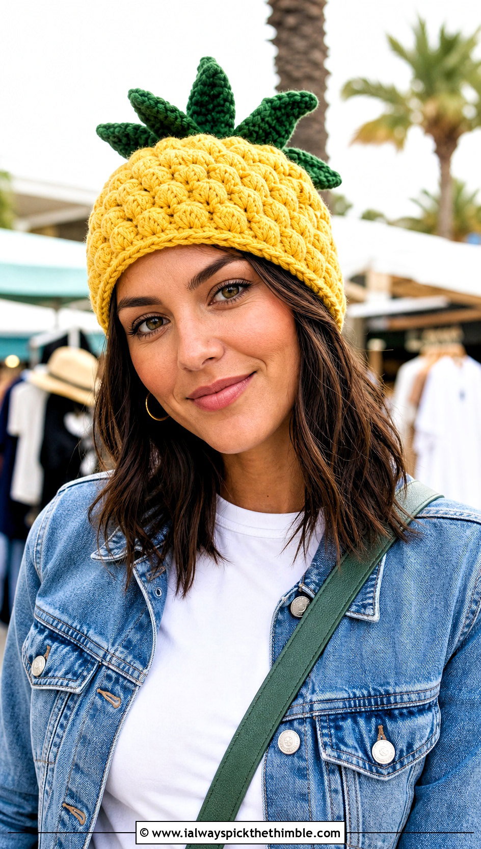 Leafy Crown Yellow Crochet Pineapple Beanie With Jeans - 15 Yellow Crochet Pineapple Hat outfit ideas