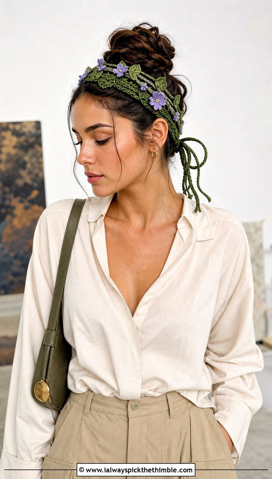 Leafy Floral Wrap Headband With Blouse And Cargo Pants - 20 crochet headband with flower outfit ideas