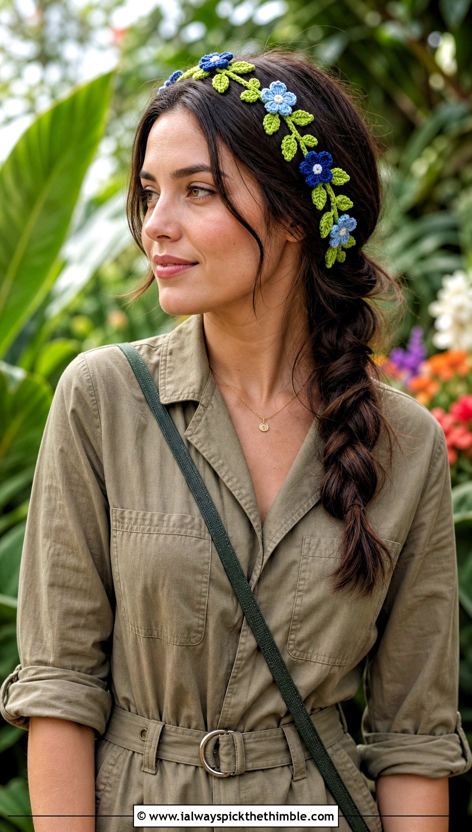 Leafy Vine Crochet Headband With Blue Flowers And Utility Jumpsuit - 15 crochet headband with blue flower outfit ideas