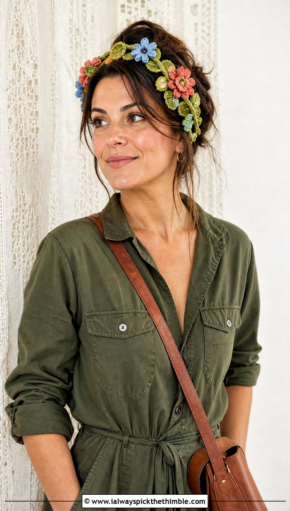 Leafy Wildflower Vine Crochet Headband With Utility Jumpsuit - 15 crochet flower headband on lace background outfit ideas