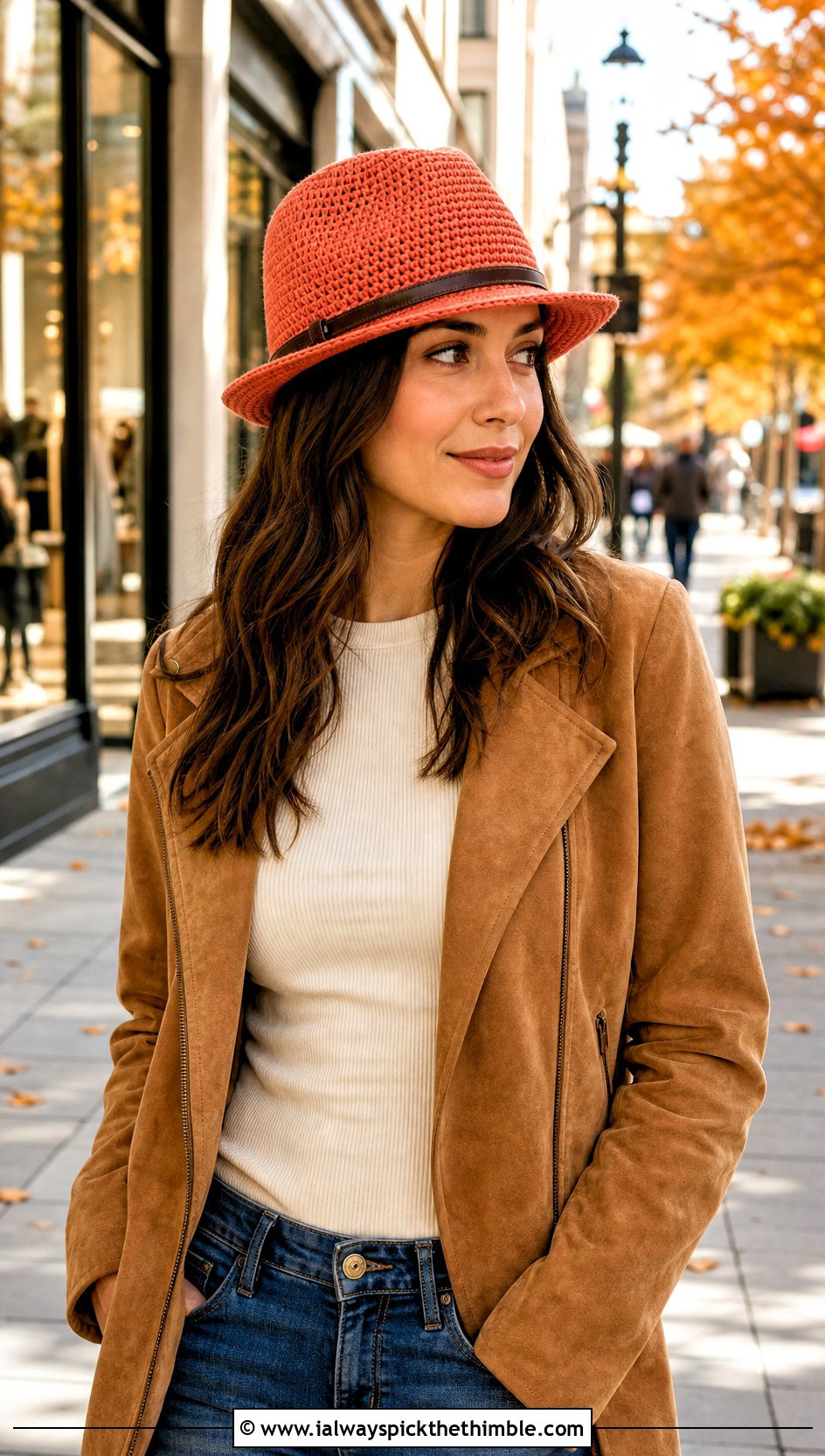 Leather Band Crochet Fedora Hat With Suede Jacket - 20 crochet fedora hat outfit ideas