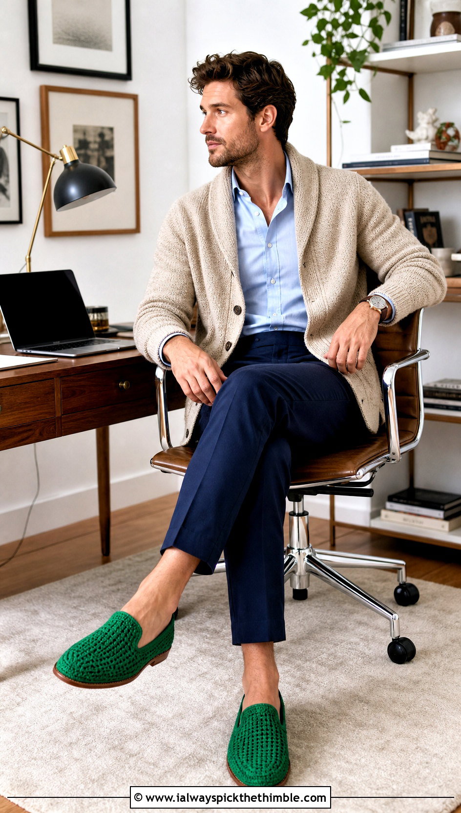 Leather Sole Crochet Slippers With Cardigan And Trousers - 20 crochet men's slippers outfit ideas