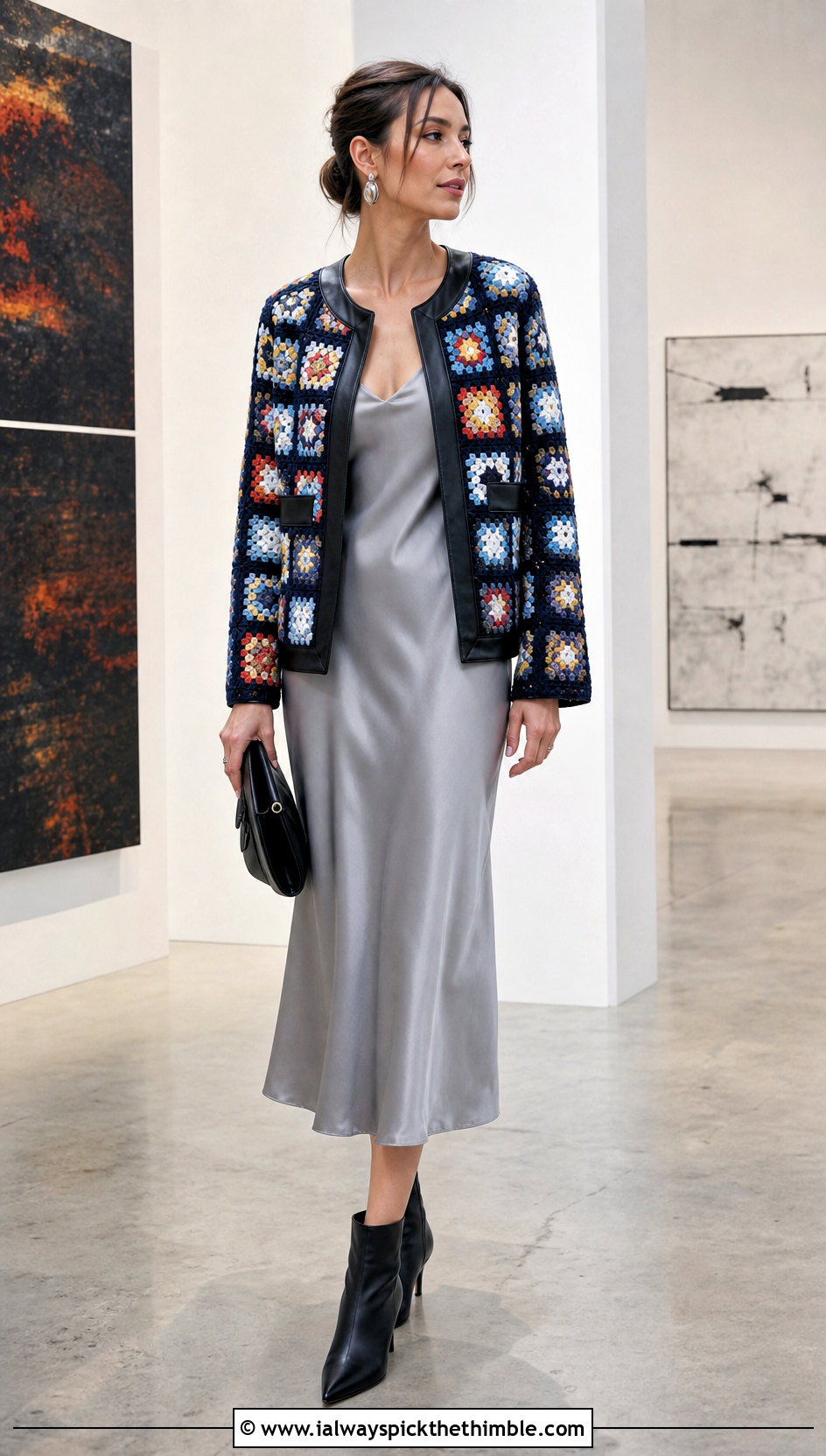 Leather Trim Granny Square Jacket With Slip Dress - 25 granny square jacket outfit ideas