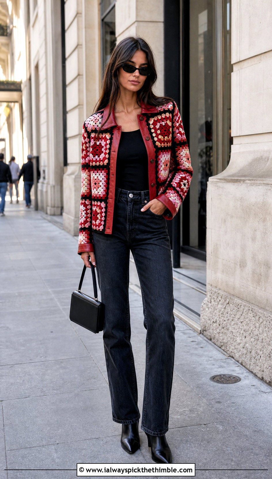 Leather Trim Granny Square Jacket With Straight Jeans - 20 granny square jackets outfit ideas