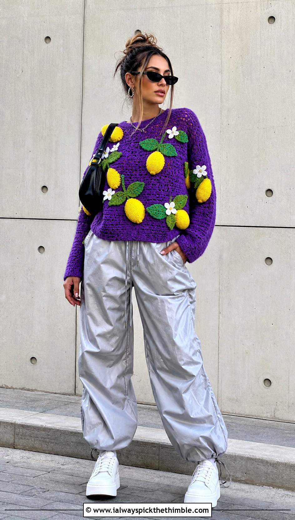 Lemon Applique Crochet Sweater With Parachute Pants - 20 Crochet Lemon Sweater outfit ideas
