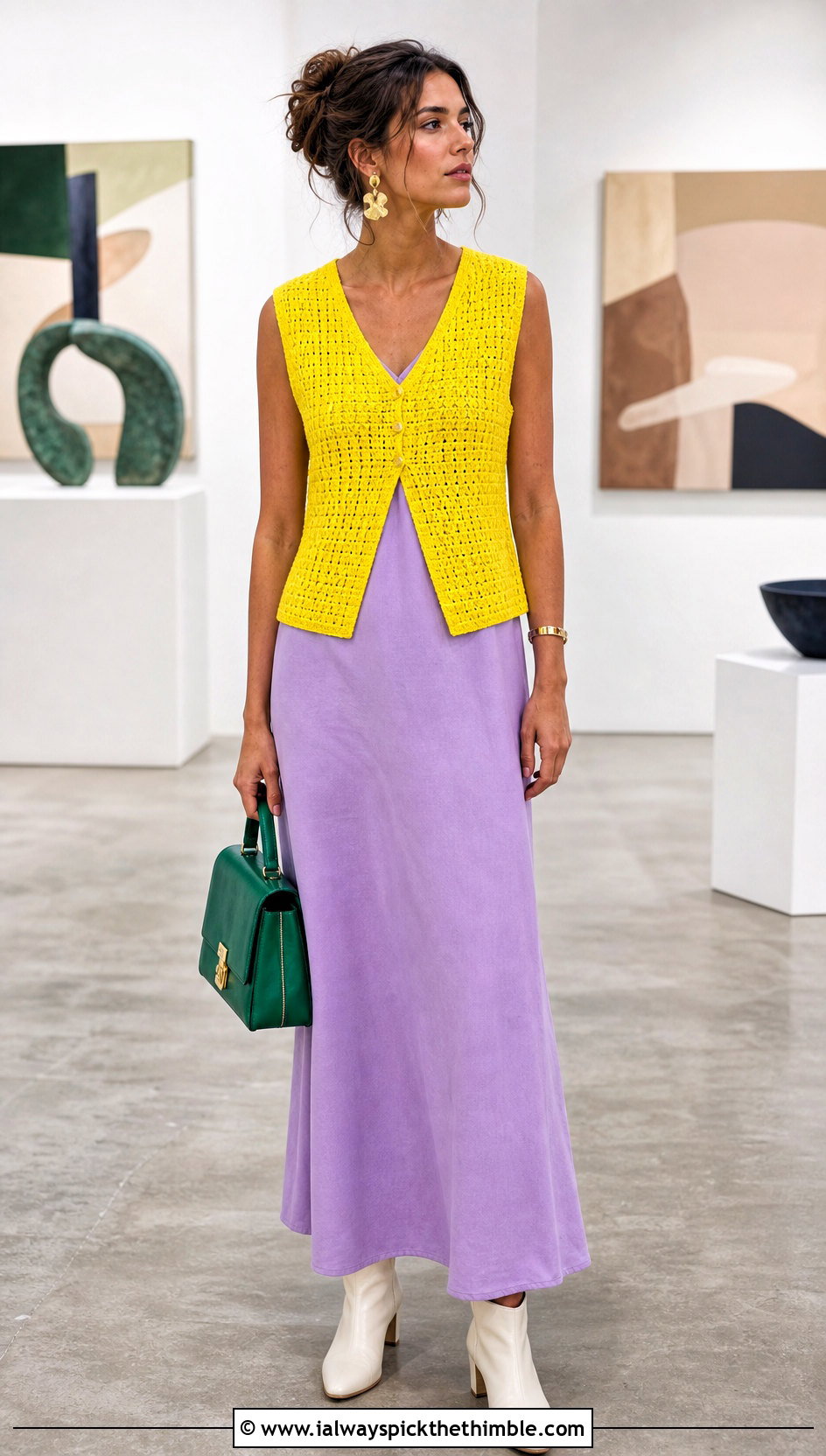 Lemon Button Front Crochet Vest With Column Dress - 20 Lemon Crochet Top outfit ideas